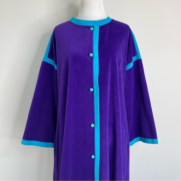 Vintage 60s Vanity Fair Velour Contrast Trim Space Age Button Up House Robe Coat - Picture 13 of 14